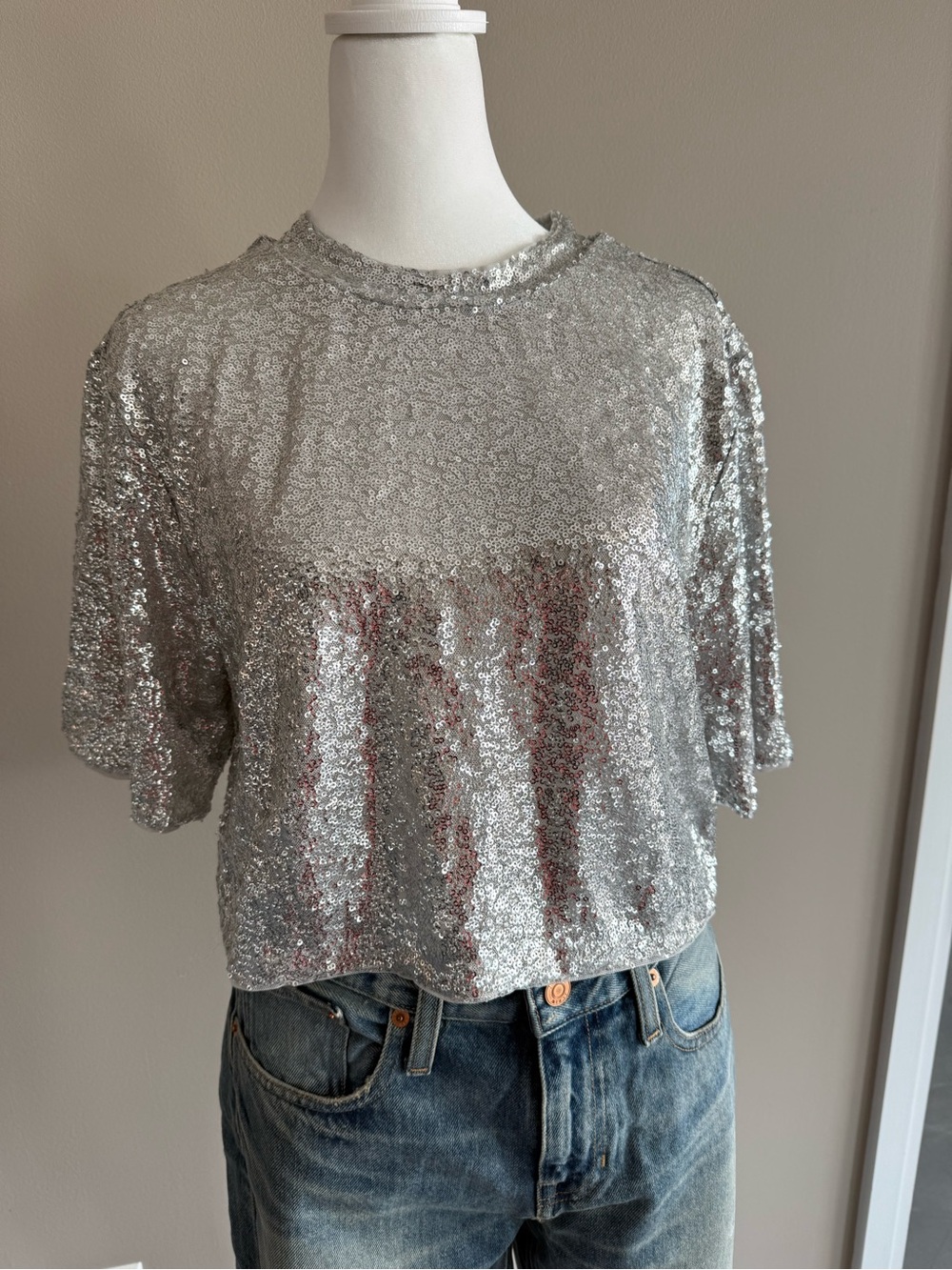 H&M Silver Sequin Short Sleeve Crop Top